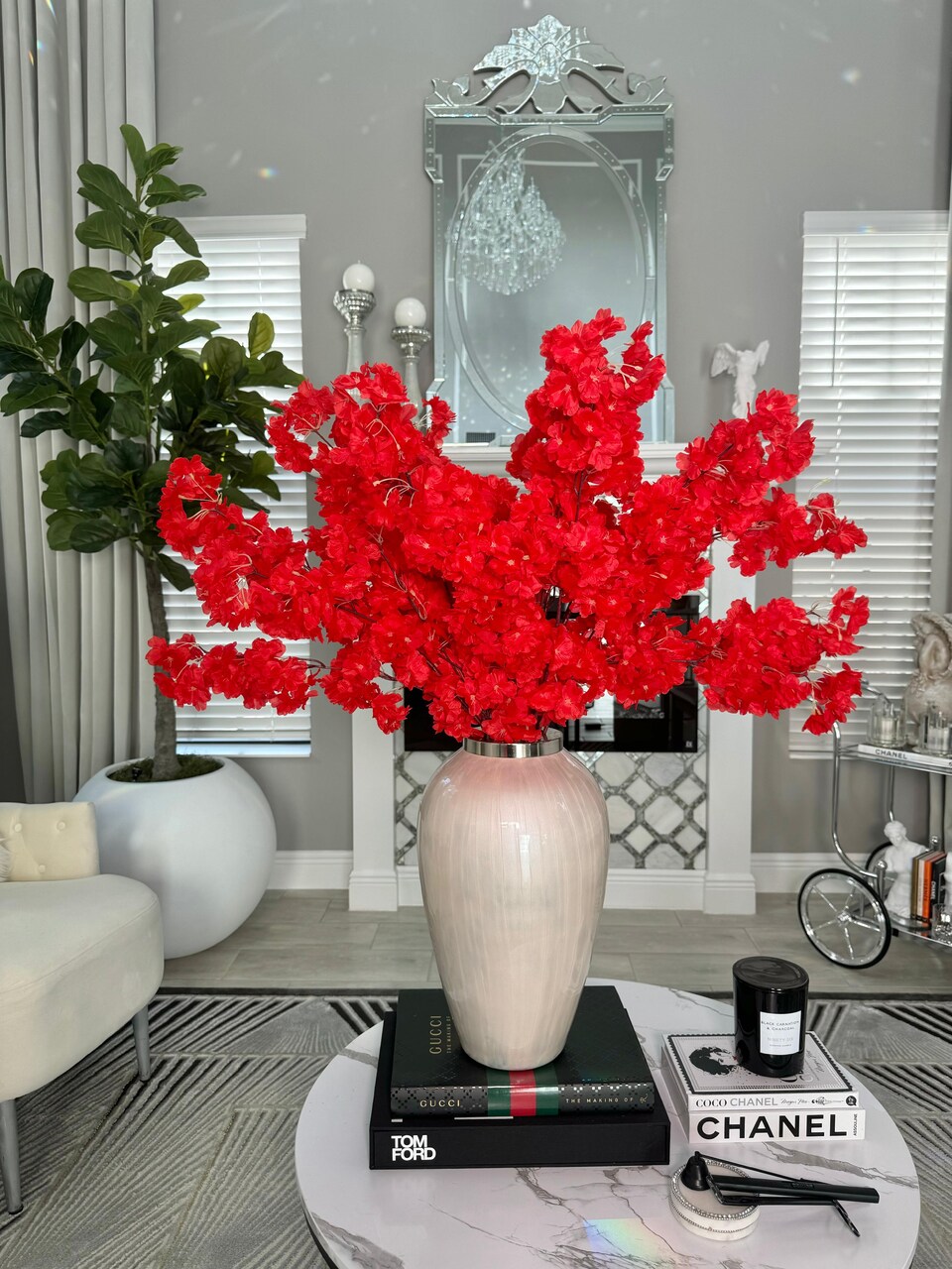 Mila 36" Red Silk Cherry Blossom Branches, Set of 3 Artificial Sakura Flower Stems, Lifelike Faux Floral Décor for Wedding, Party, Event & Home Arrangements